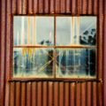 old rusty tin (corrugated iron) metal shed with window