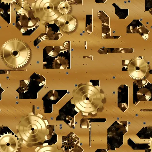 cogs and gears in gold metal plate