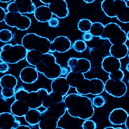 abstract image of bright blue electric neon cells under microscope