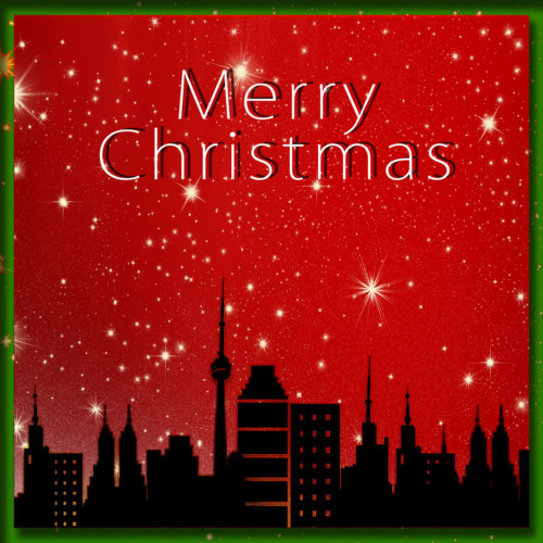 merry christmas card with city
