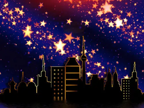 stars and city background in blue